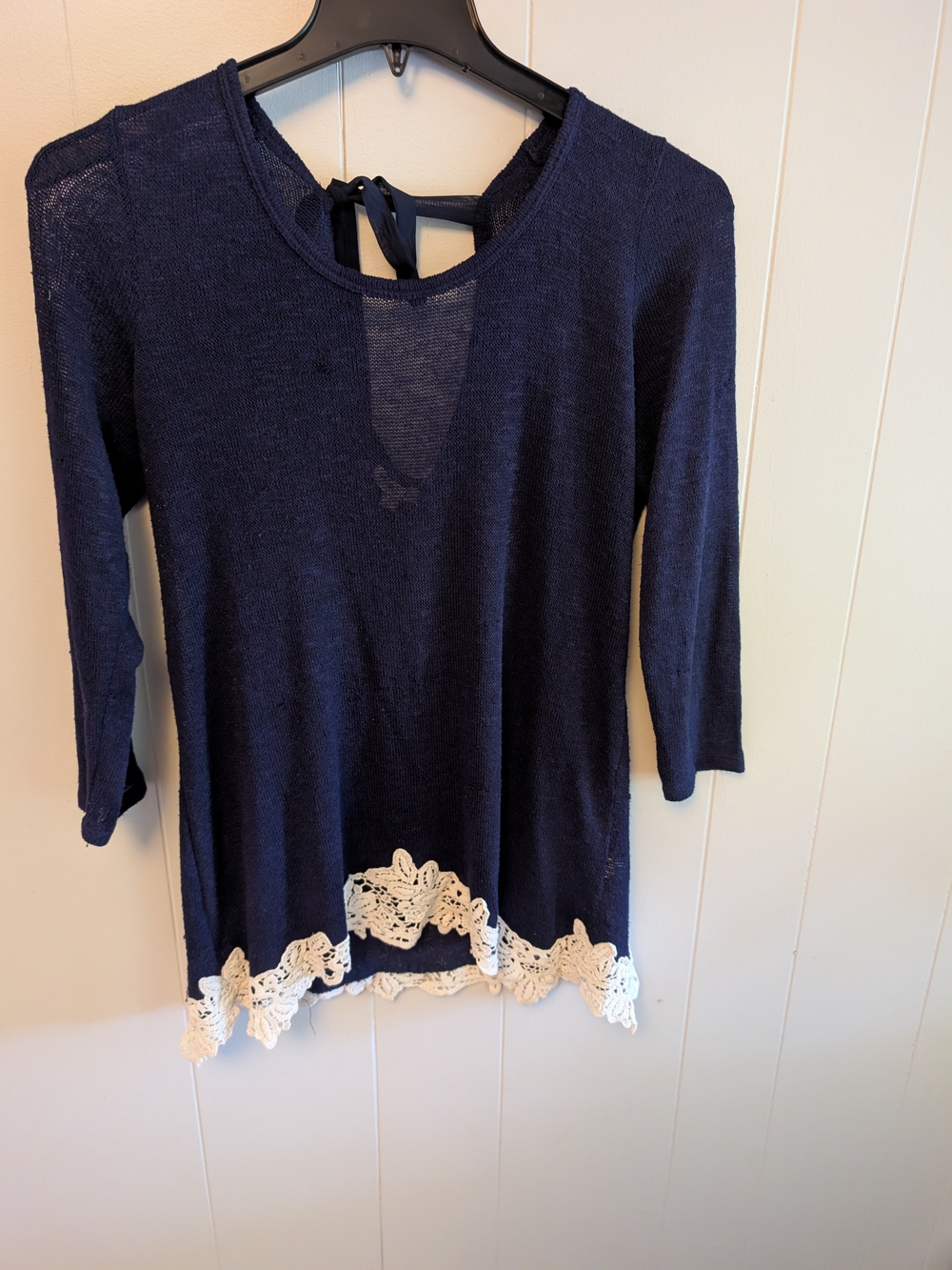 C Navy Knit Tunic with Cream Lace Hem